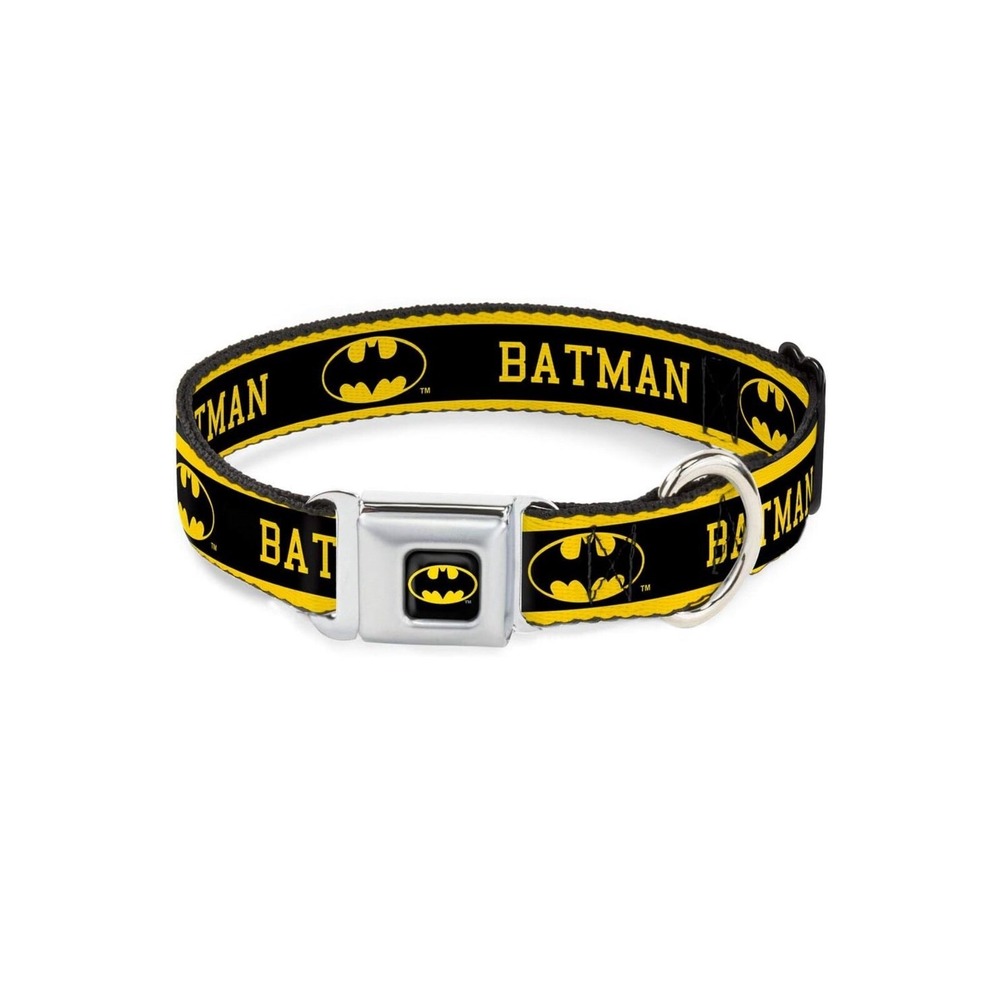 Buckle-Down Seatbelt Buckle Dog Collar - BATMAN/Logo Stripe Yellow/Black